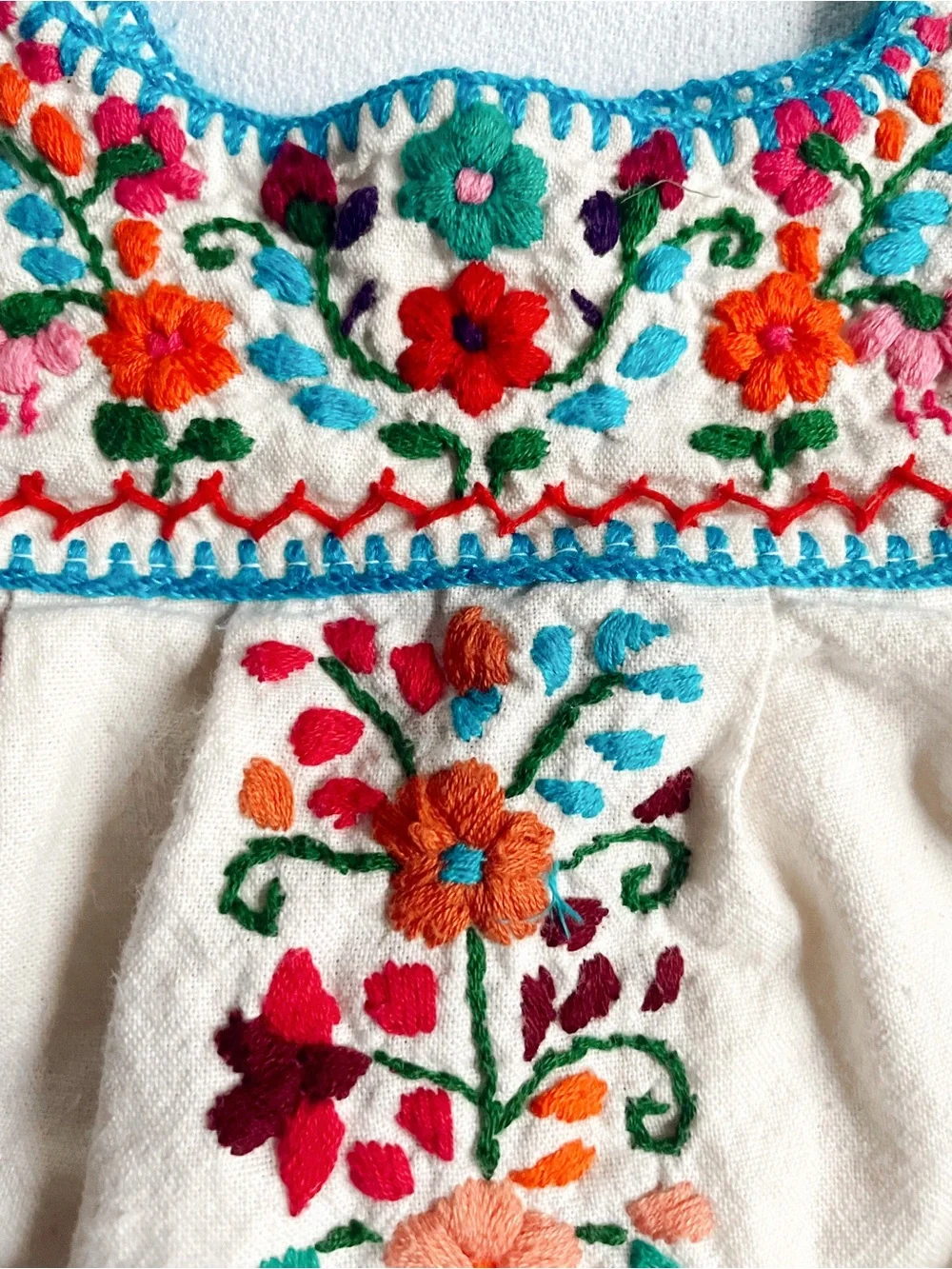 VINTAGE Dress Skirt Mexican Hand Embroidered Folk Art Cotton Top Handmade